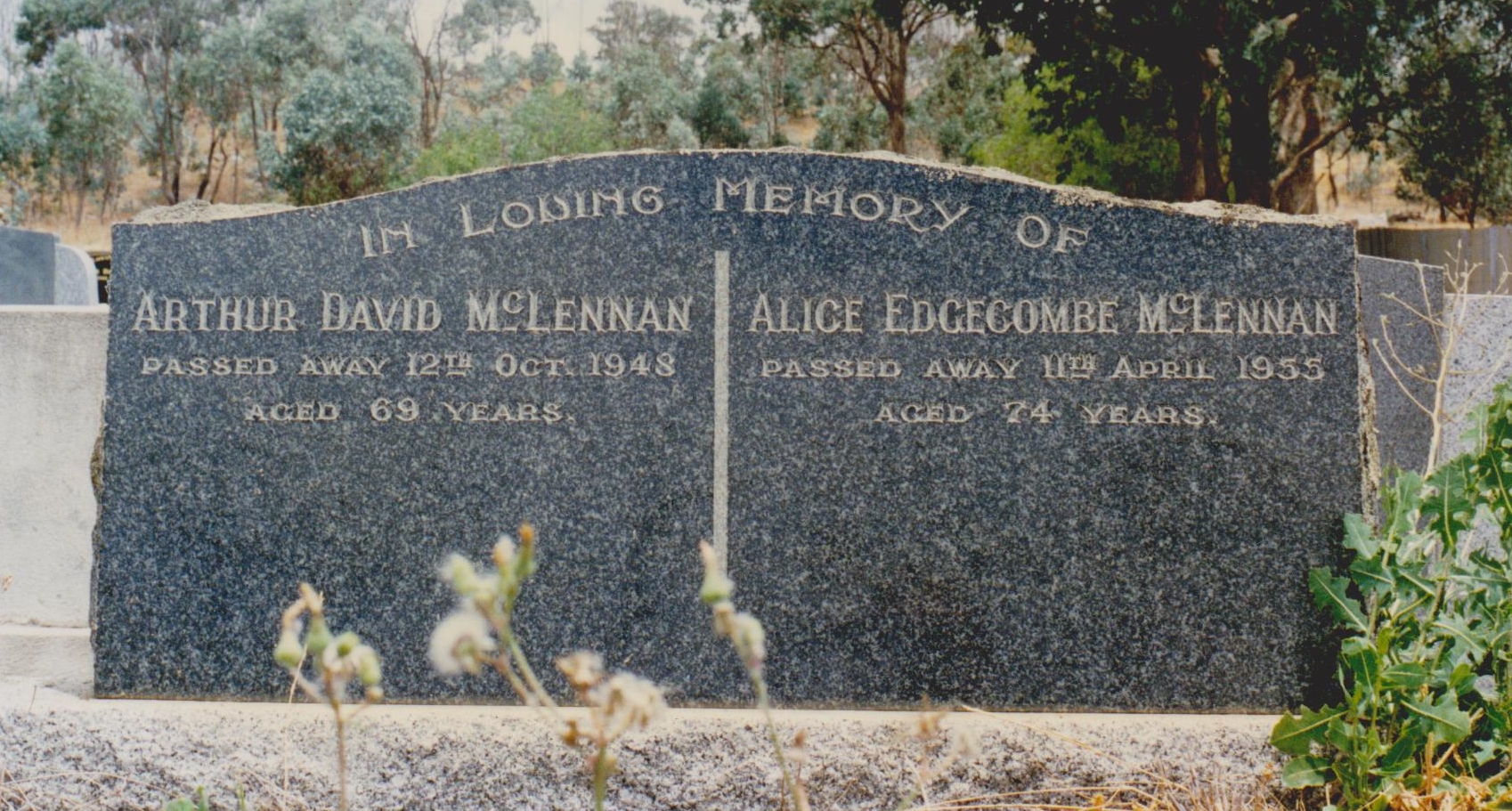 Photo of headstones/Arthur David McLennan d1948 & Alice hdstn Heathcote